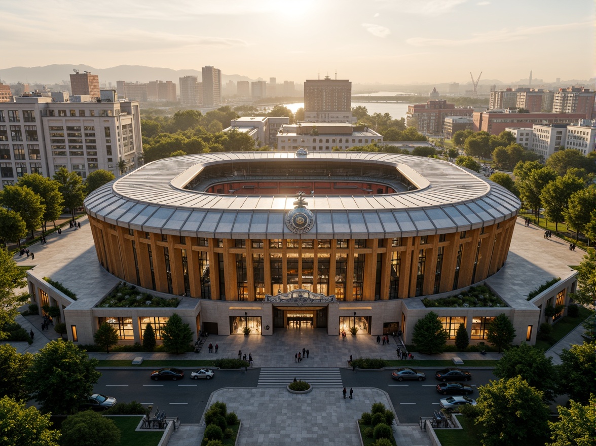 Prompt: Luxurious Art Deco stadium, ornate facades, geometric patterns, metallic accents, vibrant cityscape, bustling streets, urban landscape, lush green roofs, curved lines, symmetrical architecture, grand entrance gates, decorative lighting fixtures, sun-drenched day, soft warm glow, shallow depth of field, 1/2 composition, cinematic view, realistic textures, ambient occlusion.