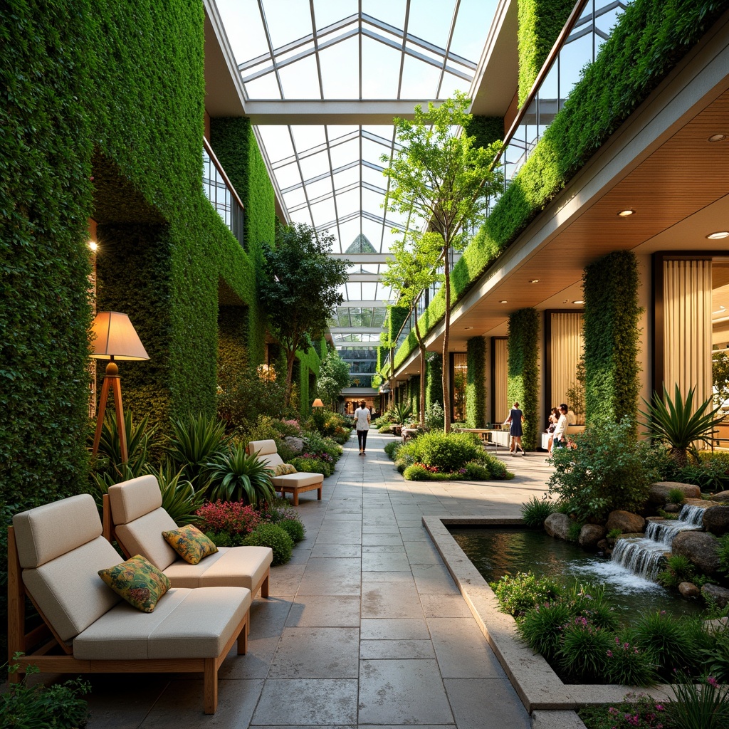 Prompt: Vibrant indoor gardens, lush green walls, natural stone floors, wooden accents, modern shopping center architecture, large skylights, glass ceilings, open atriums, flowing water features, tropical plants, colorful flowers, comfortable seating areas, soft warm lighting, shallow depth of field, 3/4 composition, panoramic view, realistic textures, ambient occlusion.