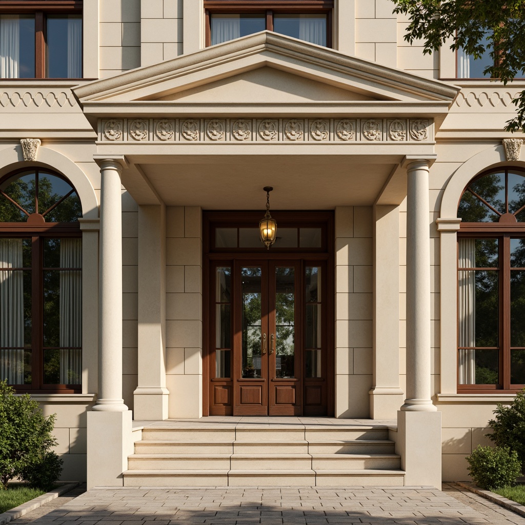 Prompt: Luxurious building exterior, grand entrance, ornate details, symmetrical composition, neoclassical architecture, creamy stone walls, elegant columns, arched windows, intricate carvings, bronze door handles, sophisticated color palette, earthy tones, warm lighting, shallow depth of field, 1/2 composition, realistic textures, ambient occlusion.