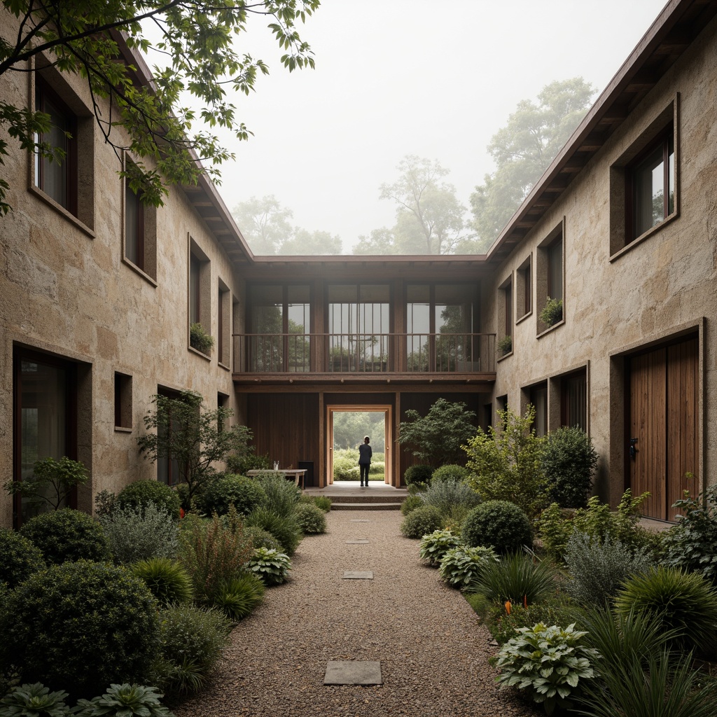 Prompt: Serenity-filled monastery courtyard, sparse greenery, weathered stone walls, minimalist Bauhaus architecture, clean lines, rectangular forms, functional simplicity, natural light pouring in, industrial-style metal windows, distressed wood accents, earthy color palette, peaceful ambiance, subtle texture details, soft warm lighting, shallow depth of field, 2/3 composition, cinematic perspective, atmospheric mist.