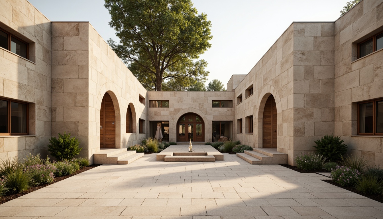 Prompt: Minimalist monastery courtyard, rustic stone walls, simple archways, Bauhaus-inspired architecture, clean lines, geometric shapes, functional design, monastic simplicity, earthy color palette, natural materials, wooden accents, subtle ornateness, peaceful atmosphere, soft warm lighting, shallow depth of field, 3/4 composition, panoramic view, realistic textures, ambient occlusion.