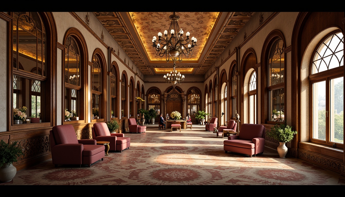 Prompt: Intricate floral patterns, flowing organic lines, sinuous curves, lavish ornaments, grand chandeliers, ornate mirrors, polished wooden panels, luxurious velvet drapes, carved furniture, curved railings, stained glass windows, high ceilings, intricate moldings, gilded accents, soft warm lighting, shallow depth of field, 3/4 composition, panoramic view, realistic textures, ambient occlusion.