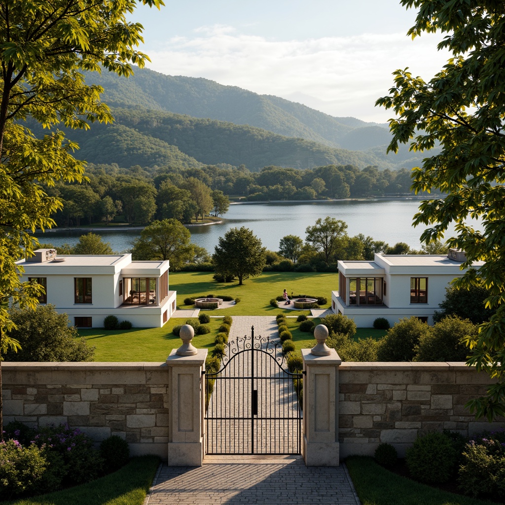 Prompt: Rustic stone walls, ornate metal gates, rolling hills, lush green meadows, serene lakeside, neoclassical villas, grandiose columns, symmetrical facades, elegant arches, intricate moldings, soft warm lighting, shallow depth of field, 3/4 composition, panoramic view, realistic textures, ambient occlusion.