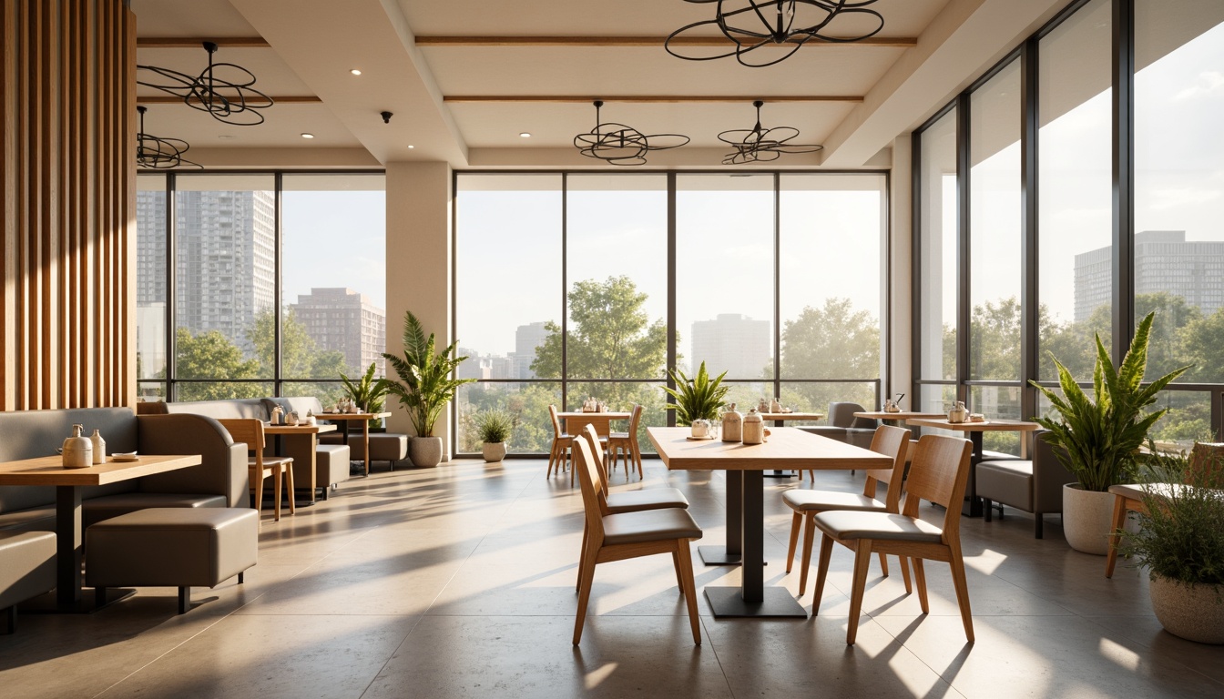 Prompt: Minimalist dining hall, open layout, spacious atmosphere, sleek wooden tables, ergonomic chairs, floor-to-ceiling windows, natural light pouring in, modern chandeliers, subtle lighting, creamy white walls, polished concrete floors, greenery accents, potted plants, simple decorative elements, geometric patterns, calm ambiance, soft warm glow, shallow depth of field, 1/1 composition, realistic textures, ambient occlusion.