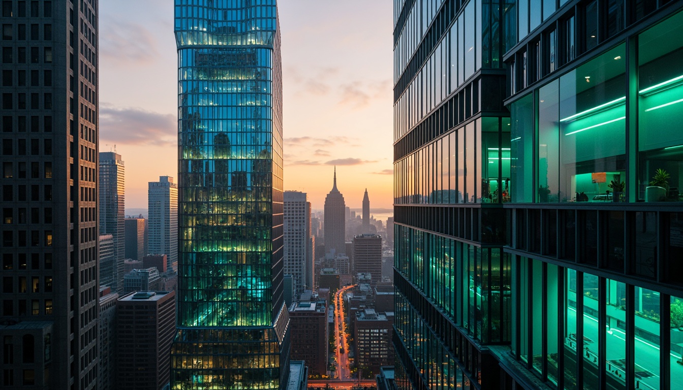 Prompt: Neon-lit metropolitan skyscraper, iridescent blue-green glass fa\u00e7ade, metallic silver accents, luminescent LED lights, sleek modern architecture, towering high-rise structure, futuristic cityscape, misty atmospheric effects, warm golden sunset, shallow depth of field, 1/2 composition, cinematic lighting, realistic reflections, ambient occlusion.