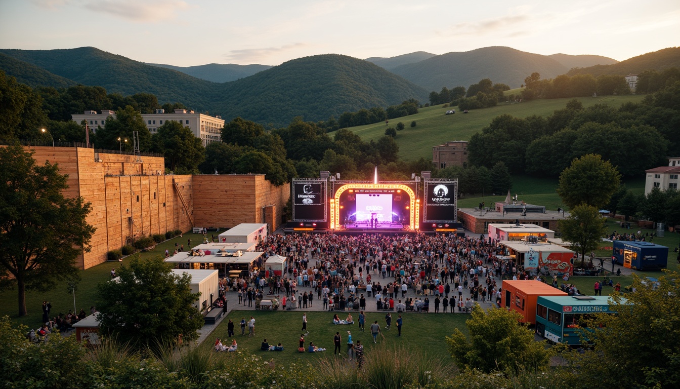 Prompt: Vibrant music venue, outdoor amphitheater, lush greenery, rolling hills, natural stone walls, wooden stages, colorful festival lights, dynamic sound systems, eclectic art installations, trendy food trucks, lively crowds, warm summer evening, soft golden lighting, shallow depth of field, 1/1 composition, panoramic view, realistic textures, ambient occlusion.