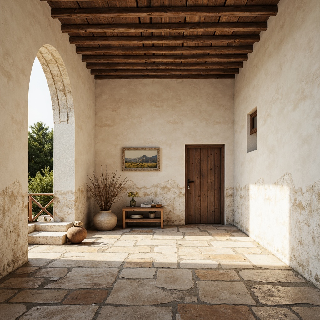 Prompt: Rustic plaster walls, earthy color palette, coarse textures, organic forms, natural materials, Mediterranean-inspired architecture, worn stone floors, distressed wooden beams, soft warm lighting, ambient occlusion, realistic normal maps, detailed surface imperfections, subtle bump mapping, high-poly geometry, artistic brush strokes, impressionist painterly style, creamy white plaster, rough-hewn stones, ornate decorative moldings.