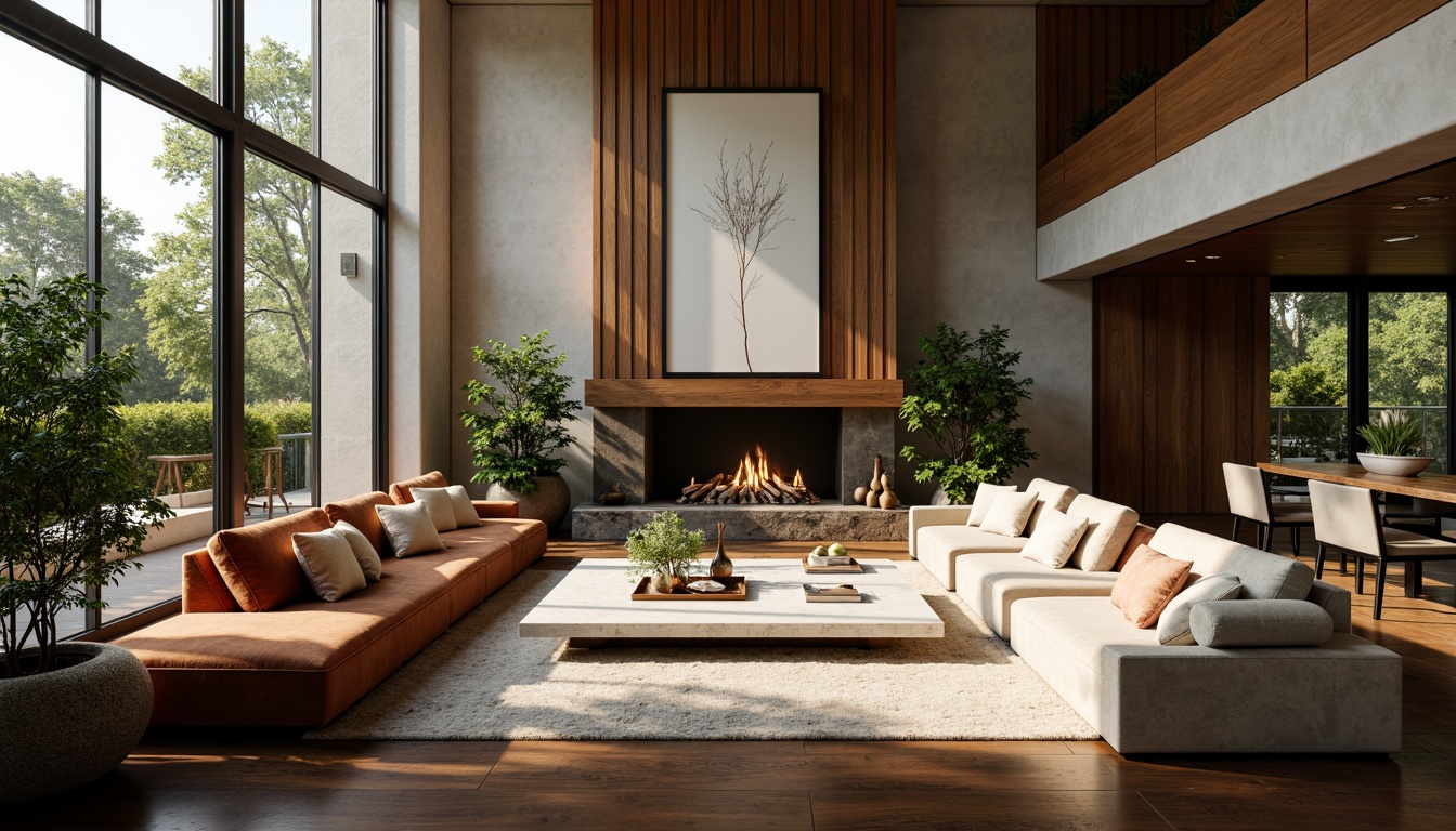 Prompt: Elegant living room, velvet sofas, marble coffee tables, floor-to-ceiling windows, soft warm lighting, lush greenery, natural stone fireplaces, wooden accents, modern minimalist decor, abstract artwork, plush area rugs, comfortable seating areas, intimate conversational spaces, 1/1 composition, shallow depth of field, realistic textures, ambient occlusion.