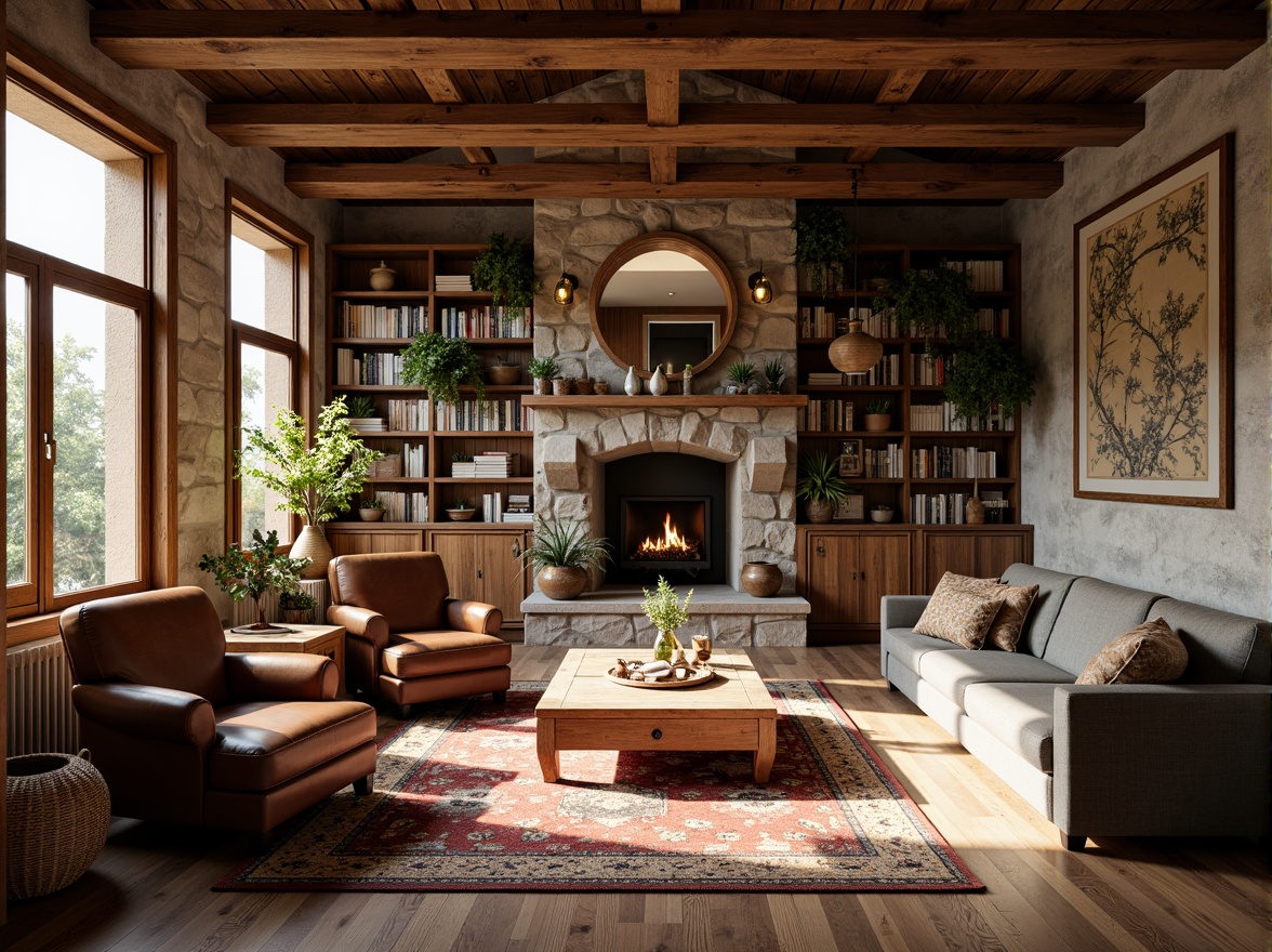 Prompt: Cozy reading nooks, warm wood tones, rich leather armchairs, vintage bookshelves, rustic stone walls, earthy color palette, natural textiles, woven baskets, regional patterned rugs, comfortable sofas, soft pendant lighting, intimate atmosphere, wooden ceiling beams, large windows, abundance of plants, quiet ambiance, minimal ornamentation, functional simplicity, 1/1 composition, softbox lighting, warm color grading.