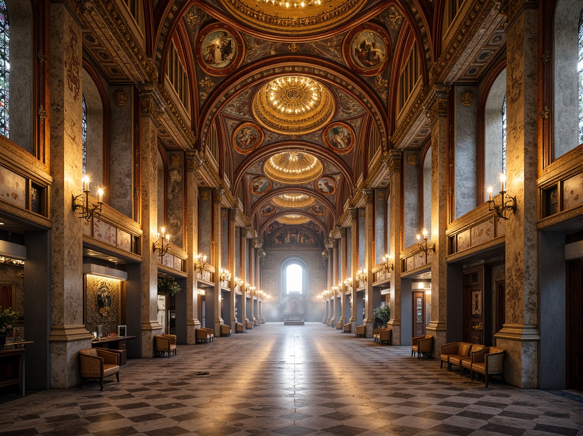 Prompt: Intricate Byzantine domes, golden mosaics, ornate crosses, grand archways, vibrant frescoes, richly patterned textiles, polished marble floors, grandiose chandeliers, warm soft lighting, atmospheric mist, 1/1 composition, symmetrical framing, high-angle view, realistic reflective surfaces, ambient occlusion.