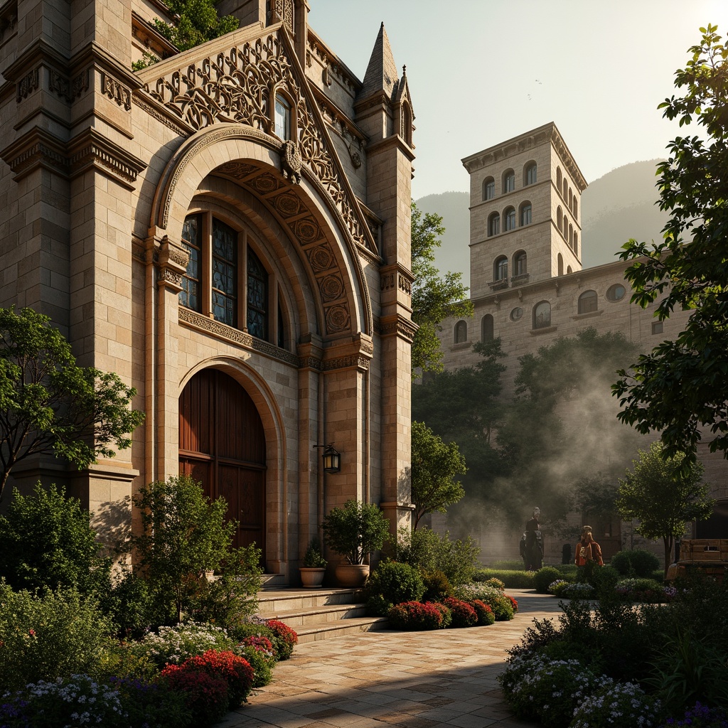 Prompt: Intricate stone carvings, ornate Gothic arches, stained glass windows, grandiose entrance doors, rustic brick fa\u00e7ade, weathered stone walls, ivy-covered turrets, bell towers, asymmetrical composition, warm golden lighting, soft focus, shallow depth of field, 2/3 composition, atmospheric perspective, mystical ambiance, subtle misting effect, romanticized landscape, rolling hills, lush greenery, vibrant flowers.