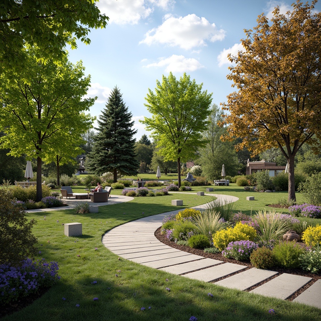 Prompt: Manicured lawn, ornamental trees, blooming flowers, winding pathways, natural stone walkways, water features, modern outdoor furniture, sleek metal railings, minimalist planters, vibrant greenery, sunny day, soft warm lighting, shallow depth of field, 3/4 composition, panoramic view, realistic textures, ambient occlusion, harmonious color palette, cohesive design language, organic forms, geometric patterns, subtle contrast, inviting outdoor spaces.