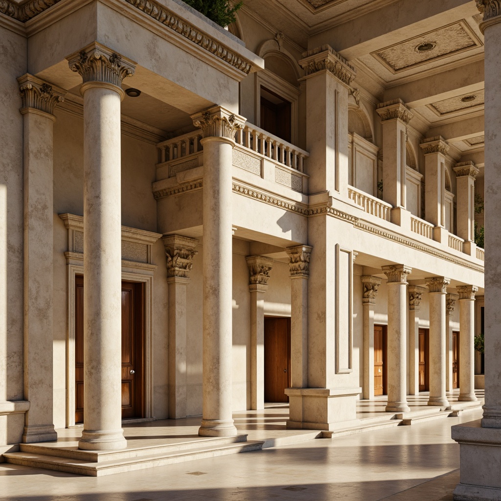 Prompt: Grandiose classical columns, ornate Corinthian capitals, intricately carved stone facades, symmetrical composition, balanced proportions, majestic entranceways, ornamental pediments, rusticated base, arched windows, decorative pilasters, subtle keystone accents, creamy limestone walls, soft golden lighting, warm beige tones, subtle gradient textures, shallow depth of field, 2/3 composition, realistic atmospheric effects.