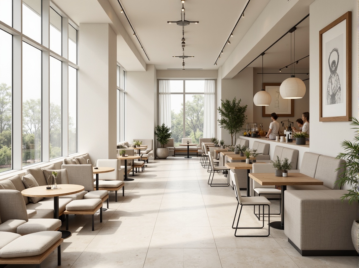 Prompt: Monochromatic dining hall, minimalist decor, neutral color scheme, creamy whites, soft grays, warm beiges, natural wood accents, sleek metal chairs, simple pendant lights, floor-to-ceiling windows, abundant natural light, subtle texture contrasts, 1/1 composition, shallow depth of field, realistic renderings, ambient occlusion.