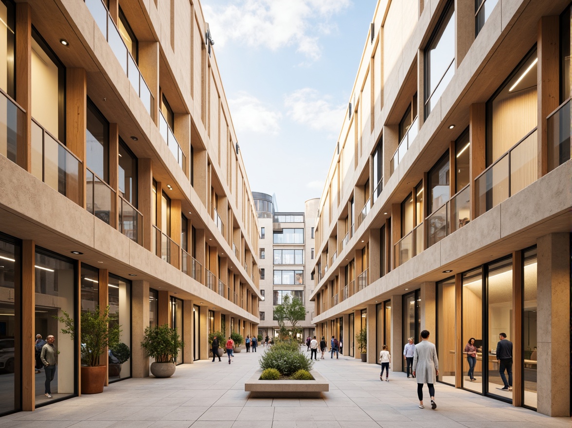 Prompt: Vibrant urban landscape, contemporary architecture, sleek glass facades, warm beige stone walls, rich wood accents, soft pastel hues, gentle ombre effects, harmonious color transitions, natural light reflections, subtle gradient shifts, futuristic LED lighting, minimalist interior design, calm atmosphere, soft focus, shallow depth of field, 1/1 composition, symmetrical framing.