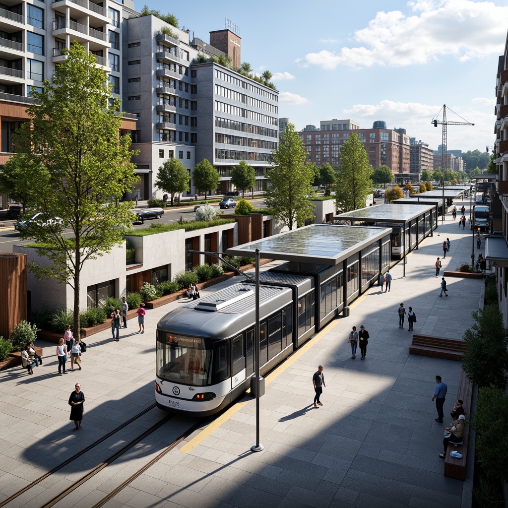 Prompt: Modern tram station, sleek glass canopy, minimalist architecture, urban surroundings, bustling city life, vibrant street art, pedestrian-friendly pavement, green roofs, solar panels, energy-efficient systems, natural stone walls, wooden accents, flowing water features, public seating areas, dynamic LED lighting, shallow depth of field, 3/4 composition, panoramic view, realistic textures, ambient occlusion.