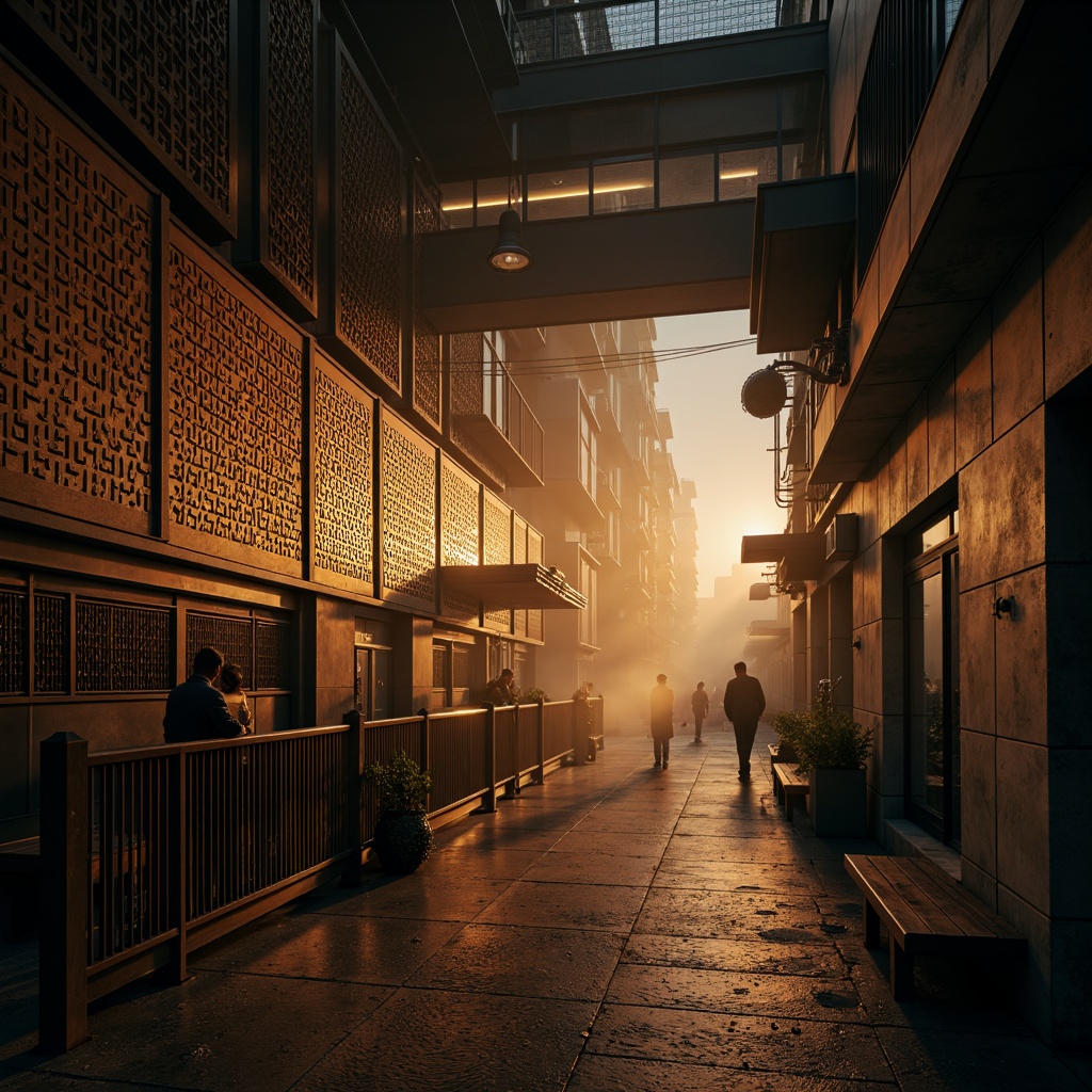 Prompt: Industrial chic setting, perforated metal facade, modern urban architecture, abstract patterns, moody lighting effects, warm golden tones, softbox lights, gradient shadows, high-contrast ambiance, atmospheric fog, mysterious mist, dramatic spotlights, cinematic composition, 1/2 camera angle, shallow depth of field, realistic reflections.