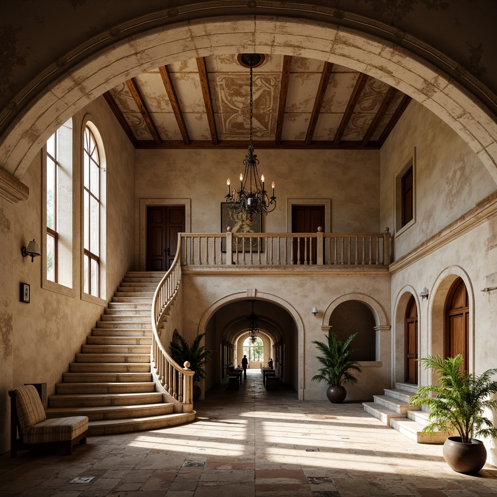 Prompt: Rustic plaster walls, distressed textures, earthy color palette, rough-hewn stone foundations, ornate moldings, decorative cornices, grand archways, sweeping staircases, luxurious chandeliers, soft warm lighting, shallow depth of field, 1/1 composition, realistic normal maps, ambient occlusion.