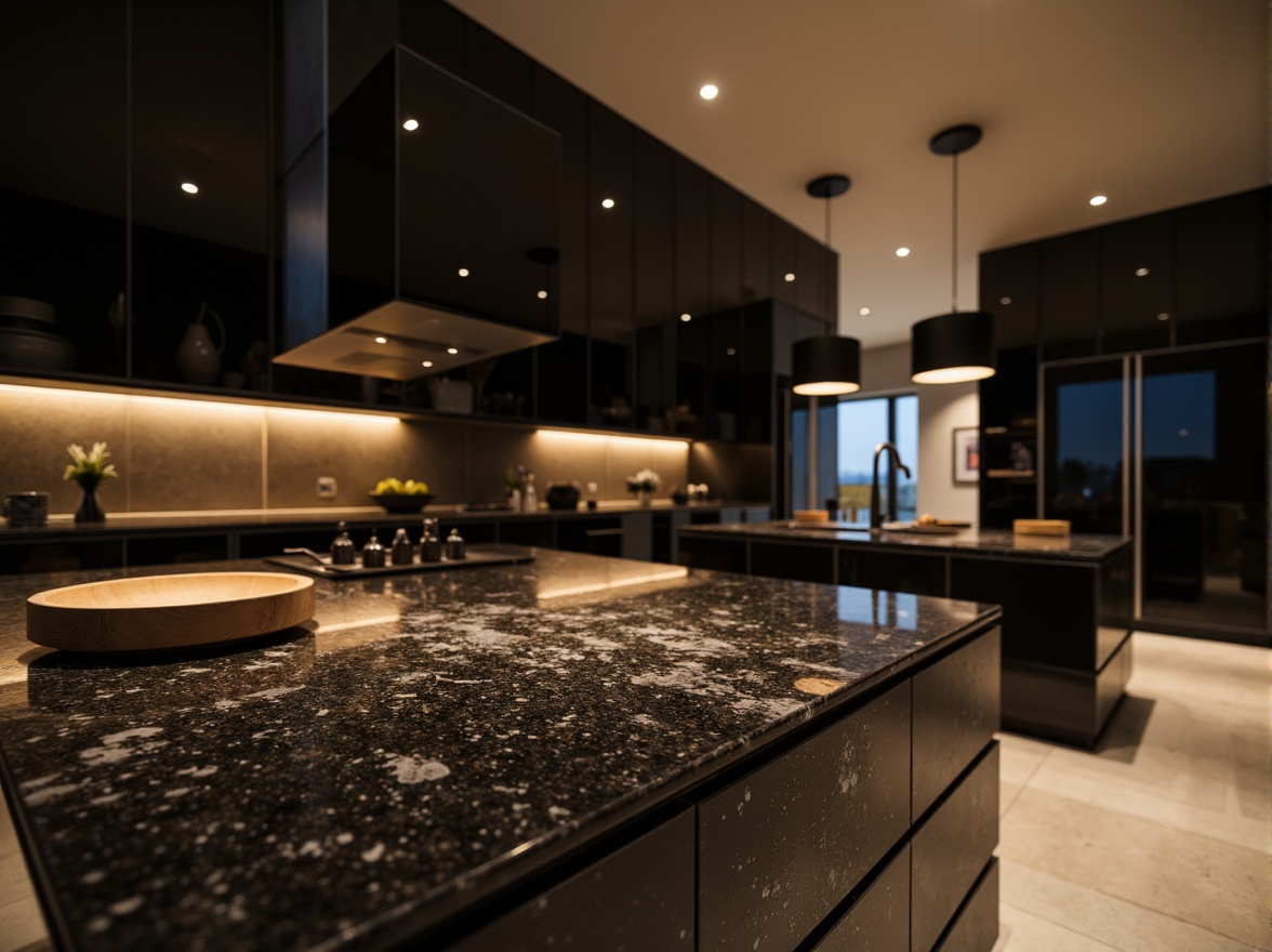 Prompt: Luxurious interior space, polished granite countertops, rich dark tones, subtle sparkle, natural stone textures, modern minimalist aesthetic, sleek kitchen islands, high-gloss cabinets, ambient warm lighting, shallow depth of field, 1/1 composition, realistic reflections, detailed normal maps.