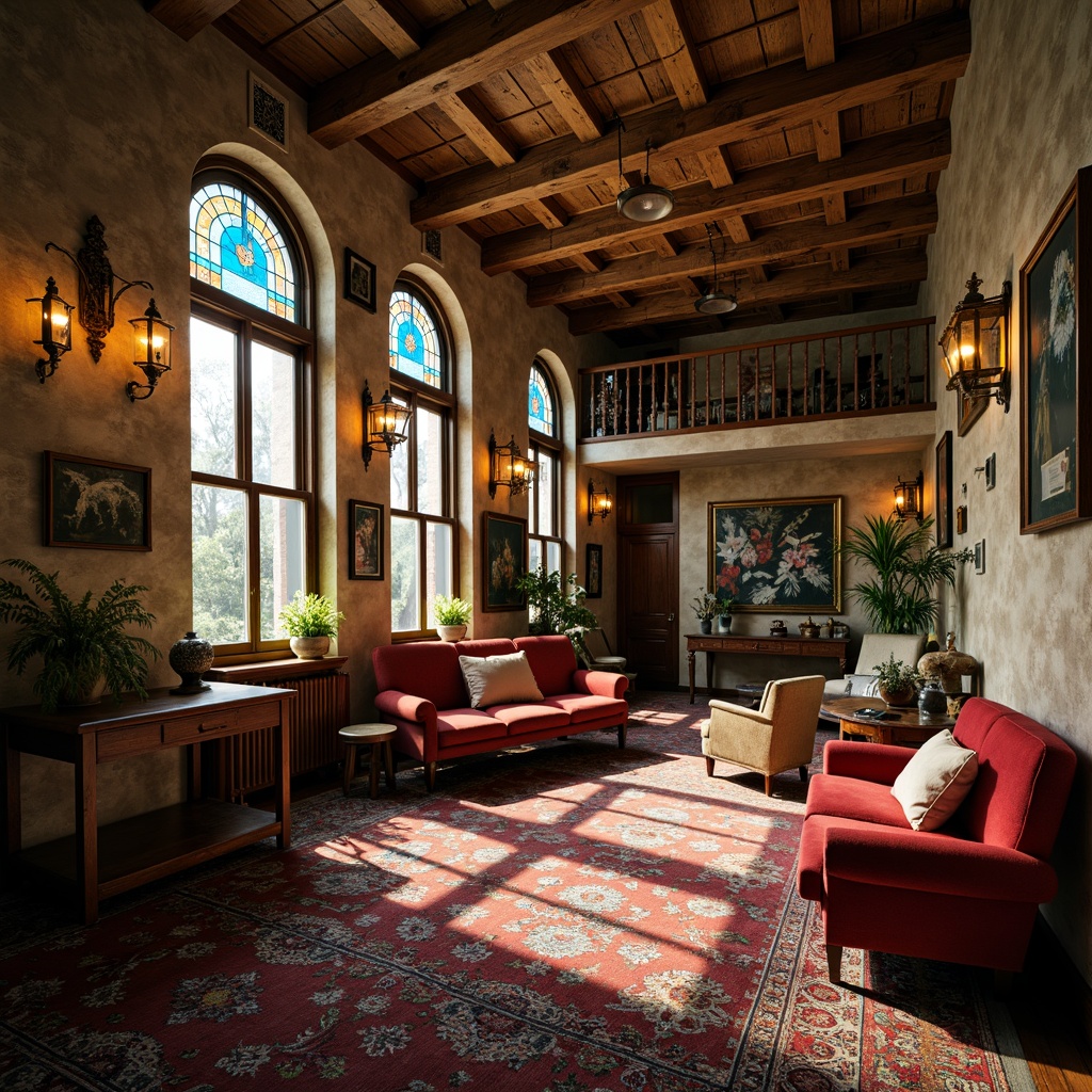 Prompt: Vintage eclectic mansion, ornate decorations, distressed wood accents, rusty metal fixtures, stained glass windows, colorful tile mosaics, plush velvet fabrics, antique furnishings, richly patterned rugs, warm golden lighting, soft focus, shallow depth of field, 1/2 composition, intimate atmosphere, realistic textures, ambient occlusion.