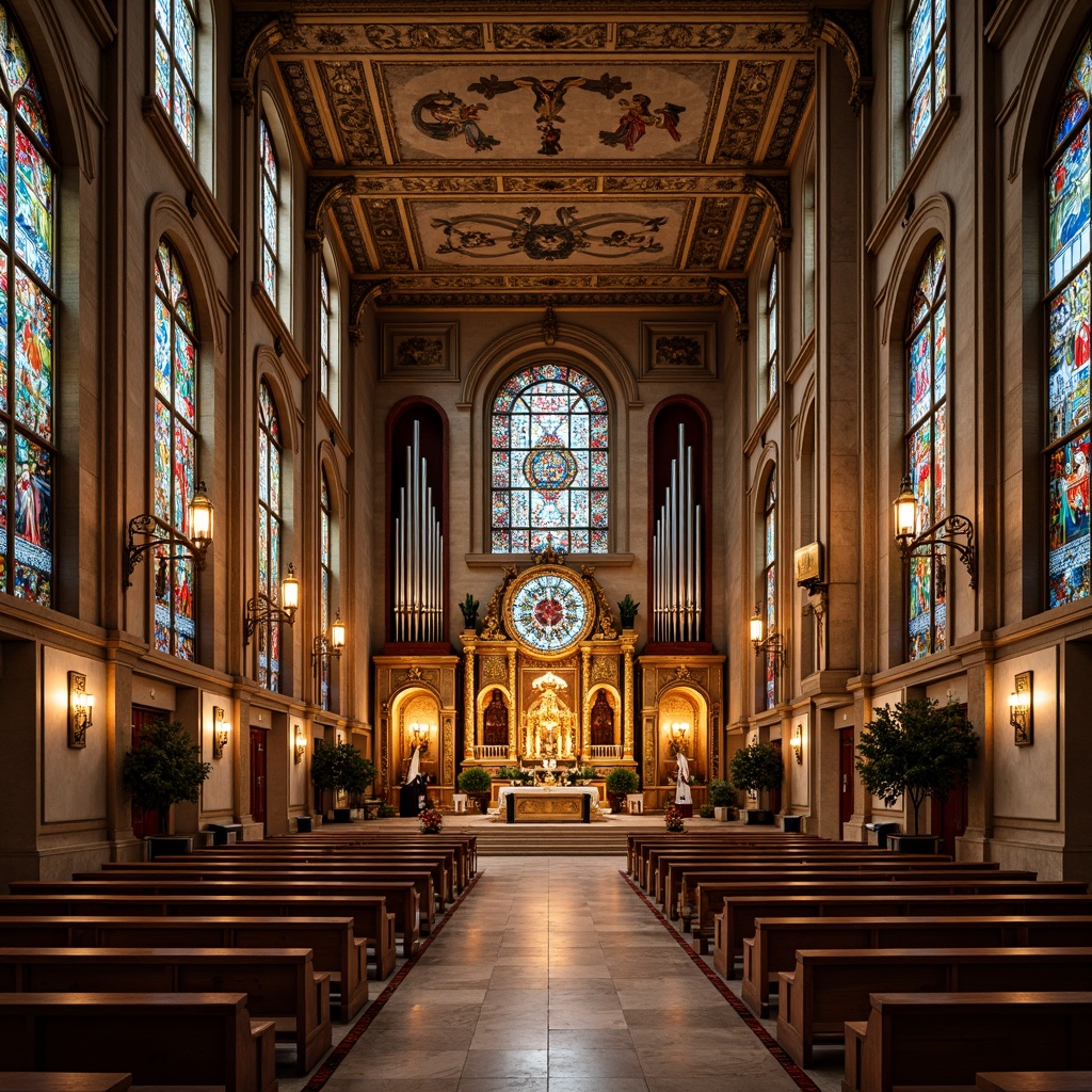 Prompt: Elegant church interior, ornate altar, intricate stone carvings, stained glass windows, vibrant religious murals, golden accents, geometric patterns, luxurious velvet drapes, polished marble floors, ornamental lanterns, symmetrical arches, grandiose entrance doors, majestic pipe organs, dramatic lighting effects, 1/1 composition, high contrast ratio, warm color palette, detailed textures, ambient occlusion.