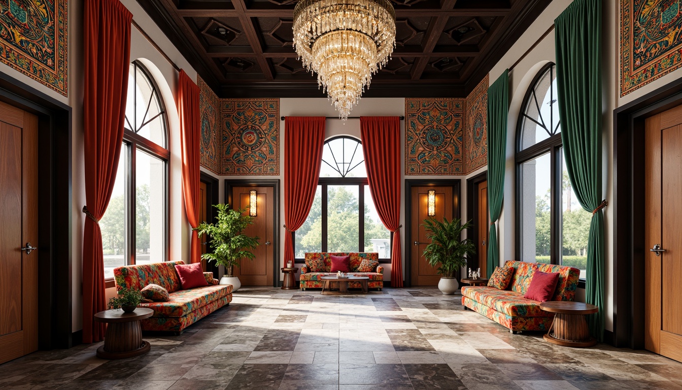 Prompt: Intricate Moroccan-inspired tiles, vibrant colorful fabrics, ornate Islamic patterns, luxurious velvet drapes, abstract geometric shapes, bold graphic prints, eclectic mix of textures, opulent crystal chandeliers, grand high ceilings, sophisticated modern architecture, sleek metal accents, polished marble floors, dramatic LED lighting, shallow depth of field, 1/2 composition, realistic reflections, ambient occlusion.