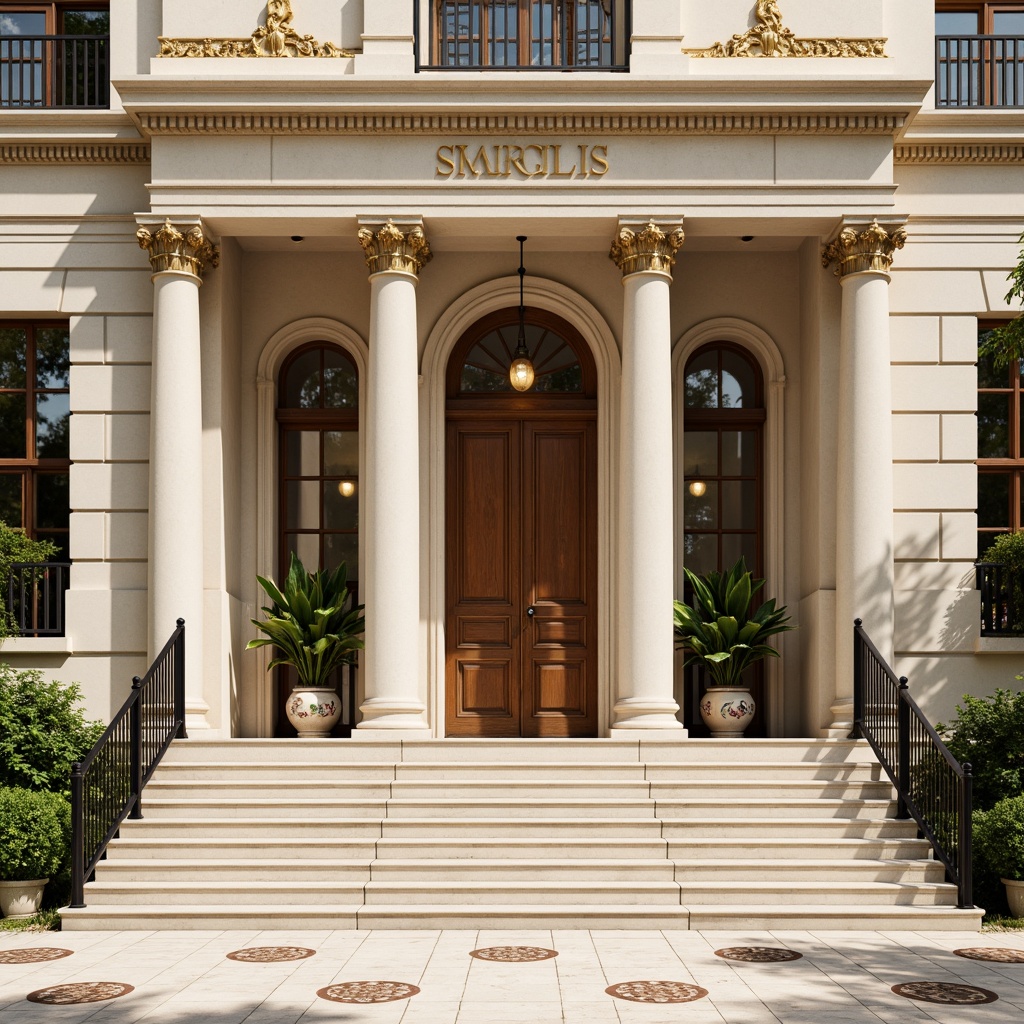 Prompt: Majestic neoclassical building, ivory white marble columns, ornate golden details, soft beige stone walls, rich brown wooden doors, subtle cream-colored arches, elegant black iron railings, stately grand staircase, ornamental flower-patterned ceramics, warm sunny day, soft diffused lighting, shallow depth of field, 2/3 composition, symmetrical framing, realistic textures, ambient occlusion.Please let me know if this meets your requirements!