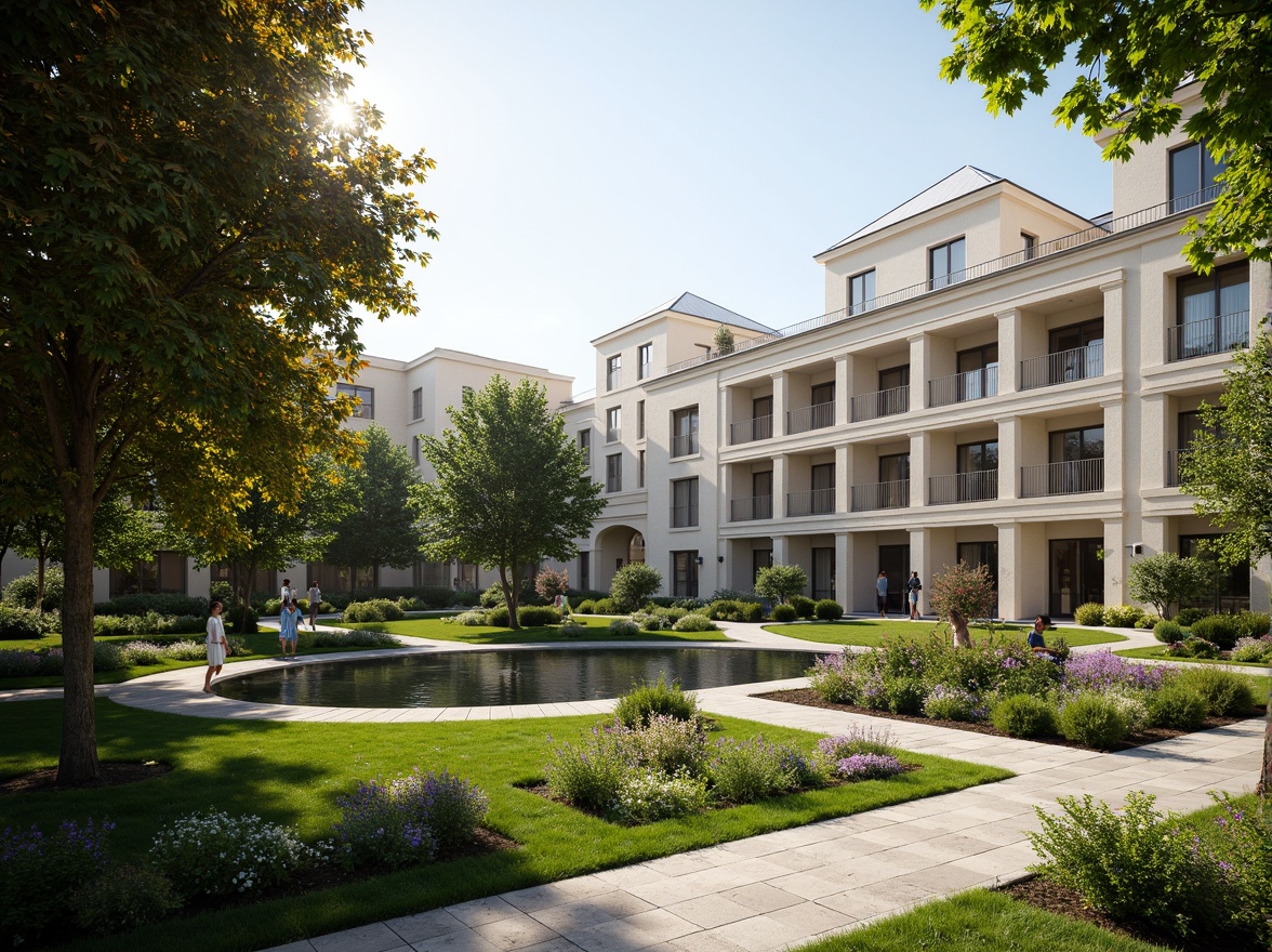 Prompt: Elegant classical buildings, symmetrical facades, ornate columns, grand entranceways, lush green lawns, serene water features, walking paths, mature trees, vibrant flowerbeds, natural stone paving, rustic benches, subtle lighting, warm afternoon sun, soft focus, 1/2 composition, cinematic view, realistic textures, ambient occlusion.