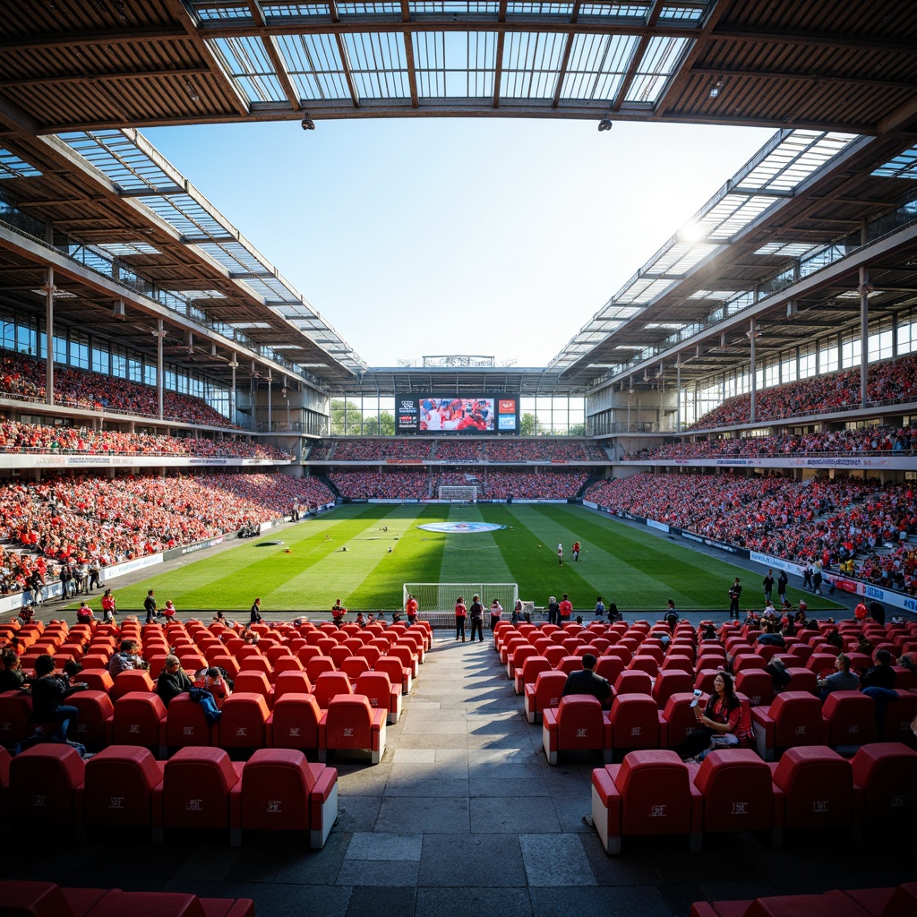 Prompt: Vibrant stadium interior, dynamic seating arrangement, bold team colors, bright LED lighting, energetic crowd atmosphere, modern architectural design, sleek metal beams, polished concrete floors, retractable roofs, expansive open spaces, urban cityscape views, afternoon sunlight, soft warm glow, shallow depth of field, 1/1 composition, realistic textures, ambient occlusion.