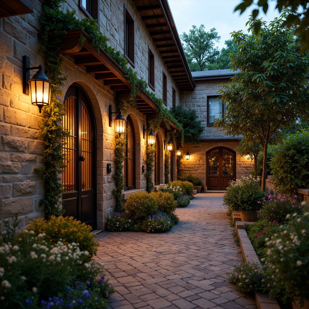 Prompt: Rustic bar exterior, stone walls, wooden accents, lantern-style lighting, lush greenery, vibrant flowers, meandering pathways, natural stone pavers, ornate metal gates, ivy-covered archways, historic architectural details, distressed wood textures, warm golden lighting, shallow depth of field, 1/2 composition, realistic foliage, ambient occlusion.