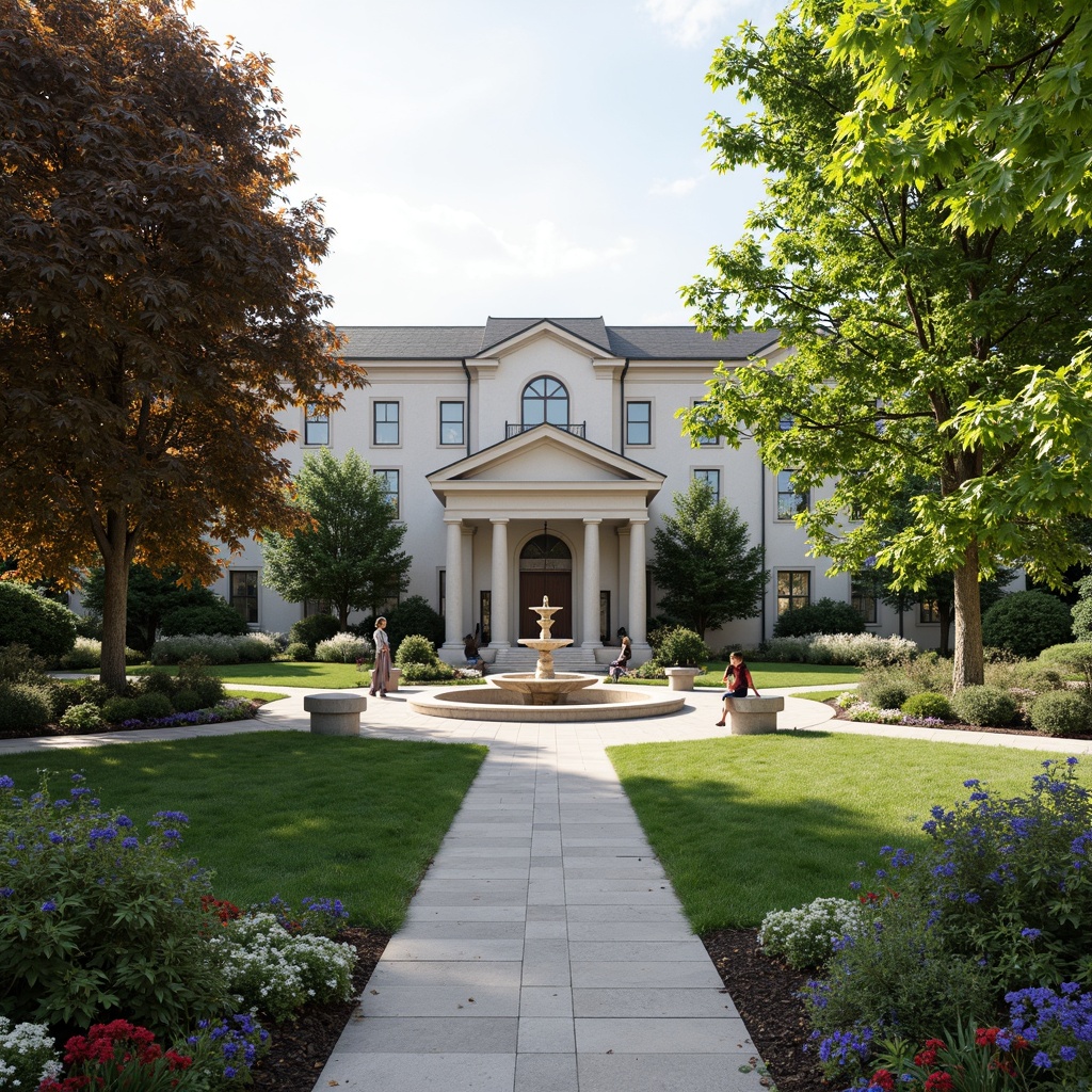 Prompt: Elegant office building, symmetrical fa\u00e7ade, grand entrance, manicured lawns, ornate fountains, walking paths, mature trees, vibrant flowerbeds, natural stone walls, cast iron benches, ornamental lanterns, classic columns, subtle lighting, shallow depth of field, 1/1 composition, realistic textures, ambient occlusion.