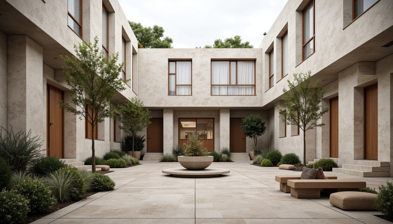 Prompt: Simple monastery courtyard, sparse greenery, natural stone walls, minimalist benches, rustic wooden doors, plain white windows, clean lines, geometric shapes, industrial materials, exposed ductwork, functional design, soft diffused lighting, low contrast, shallow depth of field, 1/1 composition, realistic textures, ambient occlusion.Please let me know if this meets your requirements!