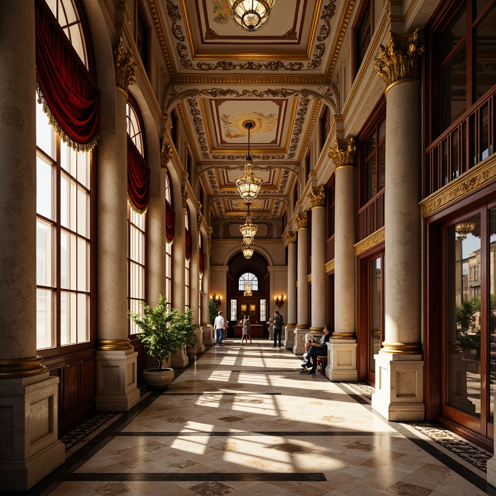 Prompt: Grandiose columns, ornate carvings, polished marble floors, intricate moldings, gilded details, luxurious velvet fabrics, rich wood paneling, stately stone statues, majestic archways, symmetrical fa\u00e7ades, refined metalwork, elegant chandeliers, subtle fresco ceilings, warm golden lighting, shallow depth of field, 1/1 composition, realistic textures, ambient occlusion.