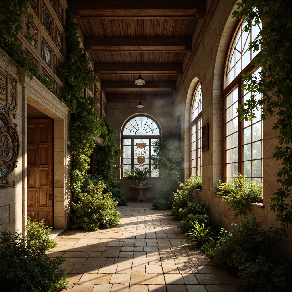 Prompt: Rustic stone walls, ornate carvings, grand archways, ribbed vaults, stained glass windows, intricate mosaics, weathered bronze doors, distressed wooden beams, rich tapestries, ornamental ironworks, lush greenery, overgrown ivy, warm golden lighting, soft shadows, atmospheric mist, cinematic composition, dramatic focal points, realistic normal maps.