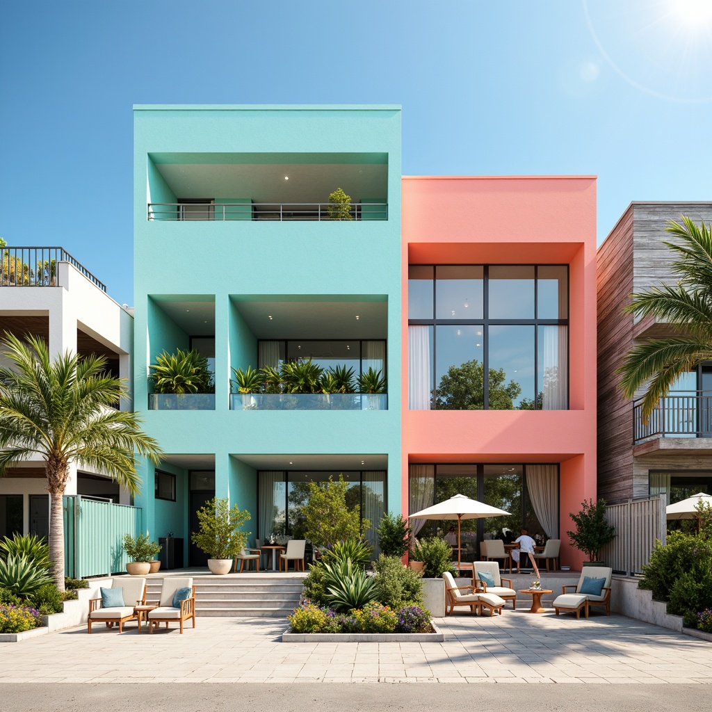 Prompt: Vibrant beachside buildings, ocean-inspired color palettes, calming turquoise hues, warm sandy neutrals, coral pink accents, seaside weathered wood textures, driftwood gray tones, refreshing mint greenery, beachy keystone architecture, large windows, sliding glass doors, outdoor seating areas, coastal breezy atmosphere, soft natural lighting, shallow depth of field, 1/1 composition, realistic reflections, ambient occlusion.