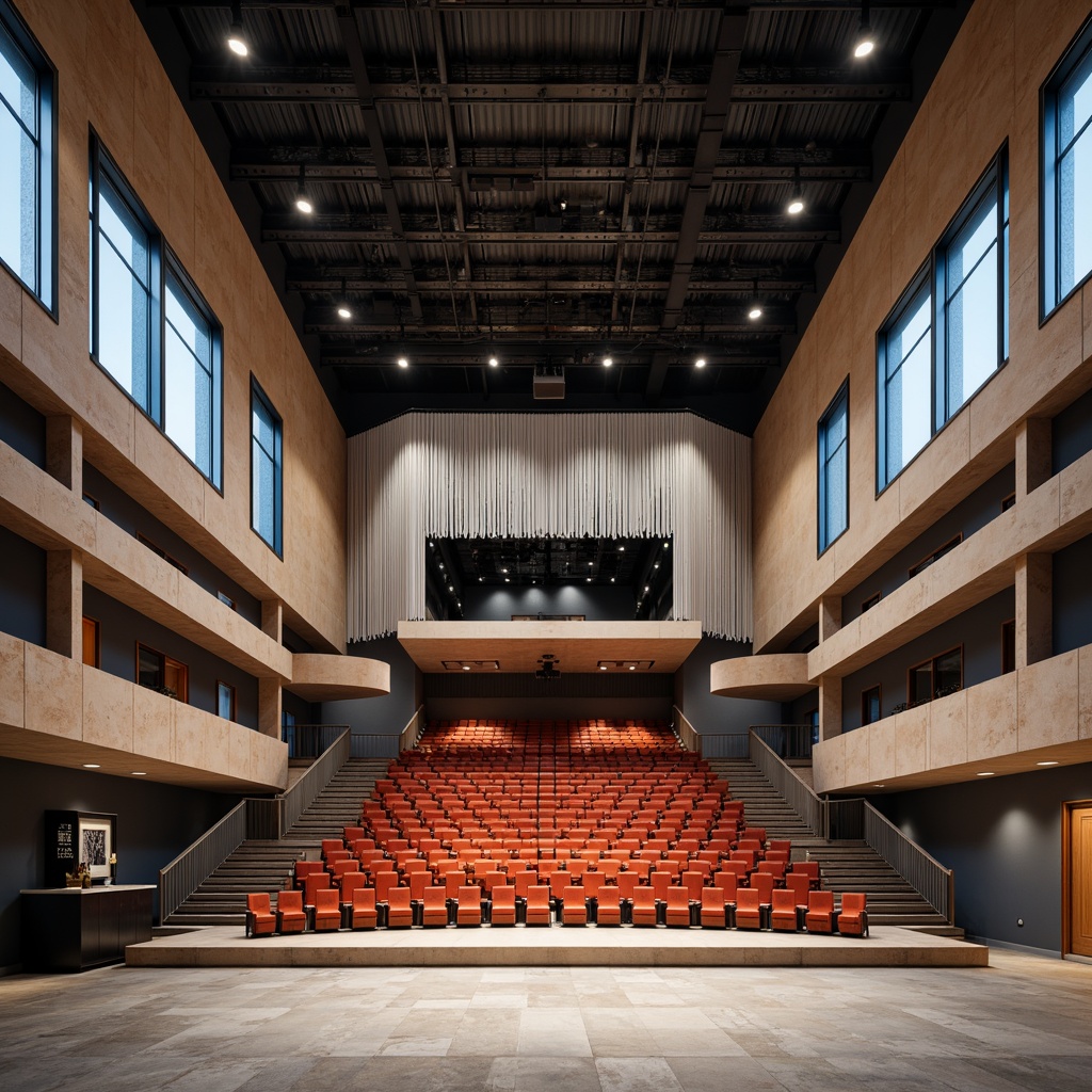 Prompt: Geometric auditorium, minimalist design, rectangular shapes, industrial materials, exposed ductwork, metal beams, concrete floors, functional lighting, tiered seating, curved balconies, avant-garde architecture, bold color accents, abstract patterns, geometric textiles, innovative sound systems, surround sound speakers, acoustic panels, diffused natural light, dramatic shadows, high ceilings, open spaces, modernist style, functional simplicity, minimalist decor, industrial chic ambiance.