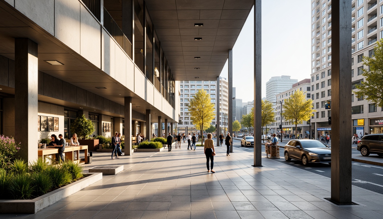 Prompt: Modern architectural building, sleek metal columns, minimalist design, open floor plan, natural stone flooring, large windows, abundant daylight, urban cityscape, bustling streets, vibrant street art, warm sunny day, soft diffused lighting, 3/4 composition, shallow depth of field, panoramic view, realistic textures, ambient occlusion.