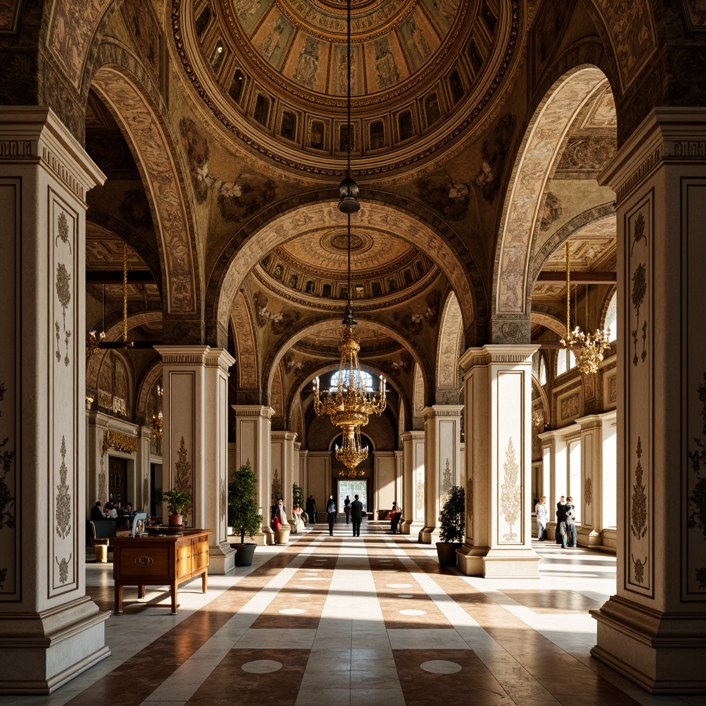 Prompt: Intricate archways, ornate carvings, golden mosaics, grand domes, richly patterned marble floors, lavish furnishings, opulent chandeliers, majestic columns, vaulted ceilings, Byzantine-inspired architecture, warm earthy tones, soft diffused lighting, high contrast shadows, 1/2 composition, symmetrical framing, realistic textures, ambient occlusion.