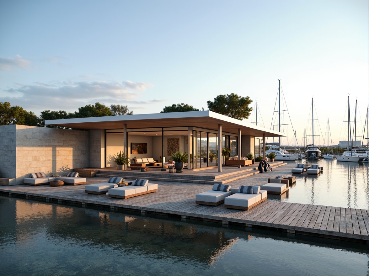 Prompt: Sleek boathouse, modern architecture, waterfront location, wooden dock, sailboats, yachts, calm waters, sunny day, soft warm lighting, shallow depth of field, 3/4 composition, panoramic view, realistic textures, ambient occlusion, nautical themed decor, rustic wooden accents, marine-inspired color palette, glass sliding doors, open floor plan, minimalist interior design, comfortable lounge seating, floor-to-ceiling windows, stunning harbor views.