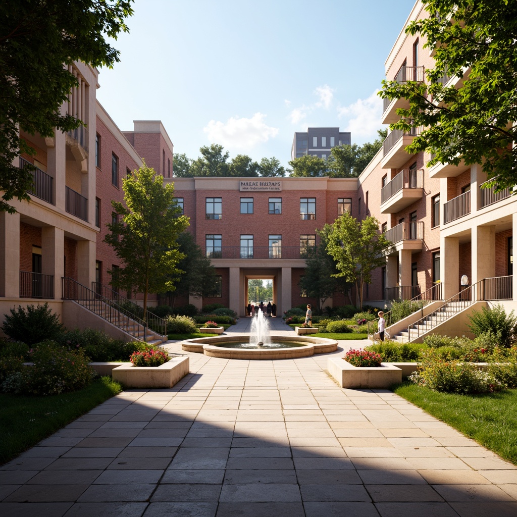 Prompt: Majestic courtyard, symmetrical walkways, ornate fountains, lush greenery, blooming flowers, manicured lawns, stone benches, academic signage, historic brick buildings, columned fa\u00e7ades, grand staircases, intricate stonework, warm golden lighting, shallow depth of field, 1/1 composition, panoramic view, realistic textures, ambient occlusion.