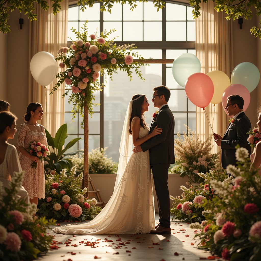 Prompt: Vibrant wedding ceremony, pastel balloons, whimsical florals, delicate lace details, soft golden lighting, intimate gathering, lush greenery, warm beige textiles, elegant cursive scripts, ornate wooden decorations, joyful laughter, tender moments, shallow depth of field, 1/2 composition, romantic ambiance, realistic skin tones, subtle bokeh effect.