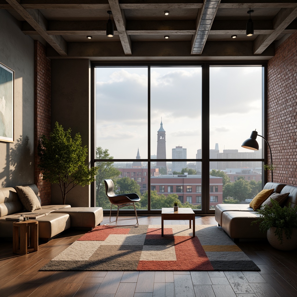 Prompt: Minimalist dorm room, geometric shapes, structural lines, industrial materials, exposed brick walls, metal beams, wooden accents, functional furniture, bold color blocks, asymmetrical composition, dramatic shadows, softbox lighting, 1/2 composition, intimate atmosphere, abstract artwork, futuristic vibe, brutalist architecture, urban landscape views, cityscape backdrop, cloudy day, subtle texture overlay.