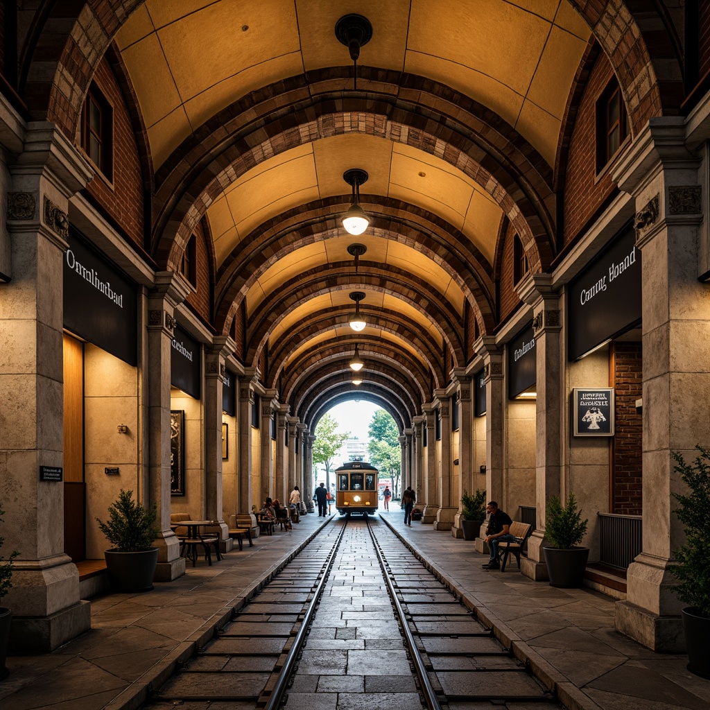 Prompt: Vaulted archways, Romanesque-inspired architecture, tram station interior, grandiose columns, ornate ceilings, warm golden lighting, intricate stone carvings, rustic brick walls, vintage train tracks, nostalgic signage, industrial metal beams, symmetrical composition, shallow depth of field, 1/2 camera angle, soft focus effect, ambient occlusion.