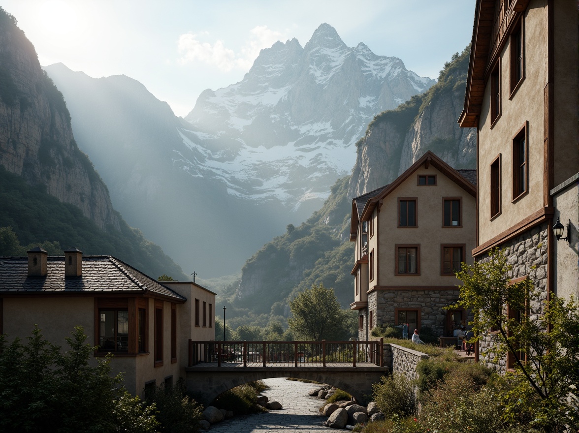 Prompt: Snow-capped mountains, rugged rock formations, misty valleys, rustic wooden bridges, natural stone walls, earthy tone buildings, steeply pitched roofs, wooden accents, vintage metal lanterns, warm beige stucco, weathered copper cladding, foggy atmosphere, soft morning light, low-angle sunlight, cinematic composition, realistic moss textures, ambient occlusion.