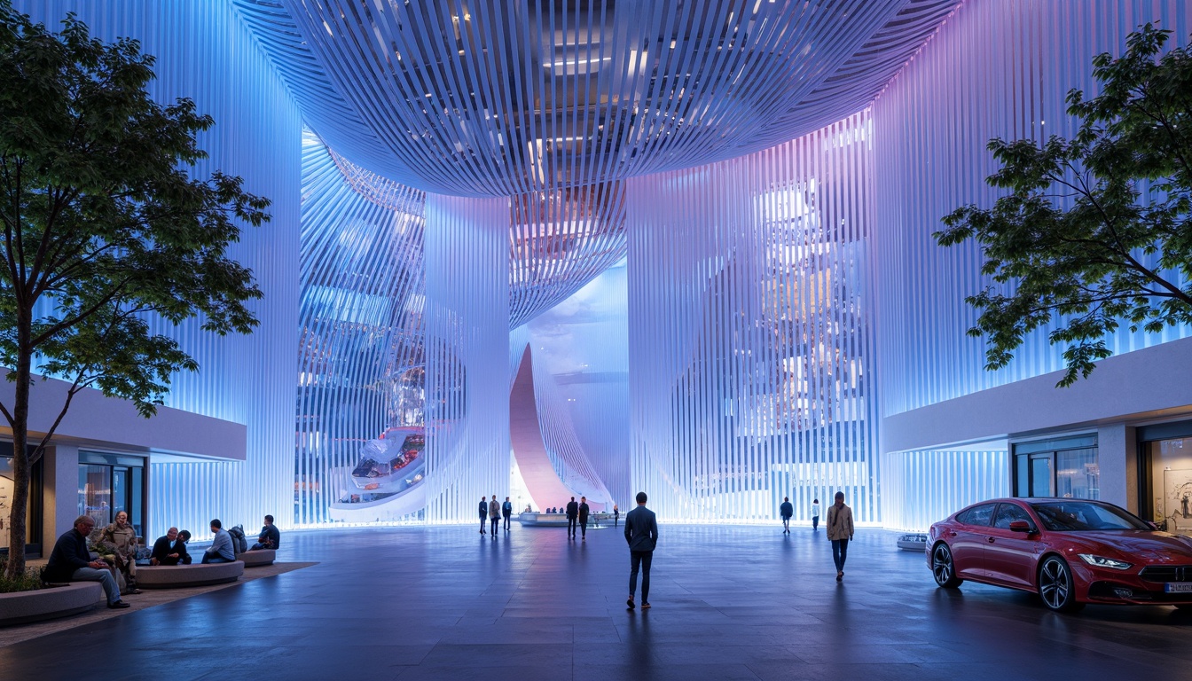 Prompt: Ethereal translucent facade, iridescent glass walls, shimmering LED lights, futuristic curvaceous lines, innovative cantilevered design, airy open spaces, misty atmospheric effects, soft diffused lighting, 1/1 composition, shallow depth of field, vibrant neon colors, luminous accents, glowing ambient occlusion, intricate lattice patterns, delicate filigree details, subtle texture overlays.