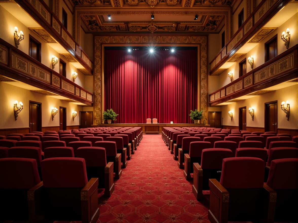 Prompt: Elegant auditorium interior, rich velvet curtains, plush theater seats, warm golden lighting, sophisticated dark wood accents, luxurious red carpeting, ornate gold details, dramatic spotlights, majestic high ceilings, grandiose architecture, refined neutral walls, soothing pastel colors, ambient soft glow, shallow depth of field, 2/3 composition, cinematic atmosphere.