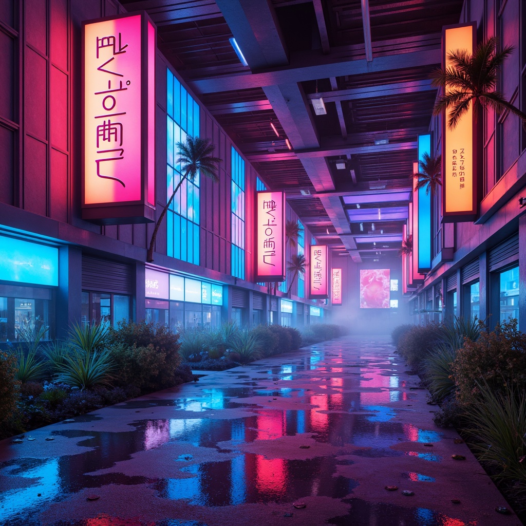 Prompt: Vibrant neon lights, iridescent materials, futuristic glow, avant-garde structures, bold color blocking, gradient effects, luminescent accents, metallic sheens, holographic patterns, prismatic reflections, neon-lit cityscape, dystopian atmosphere, cyberpunk vibes, abstract geometries, fragmented forms, deconstructed spaces, experimental textiles, glowing urban landscape, atmospheric mist, moody lighting, high-contrast colors, futuristic ambiance.