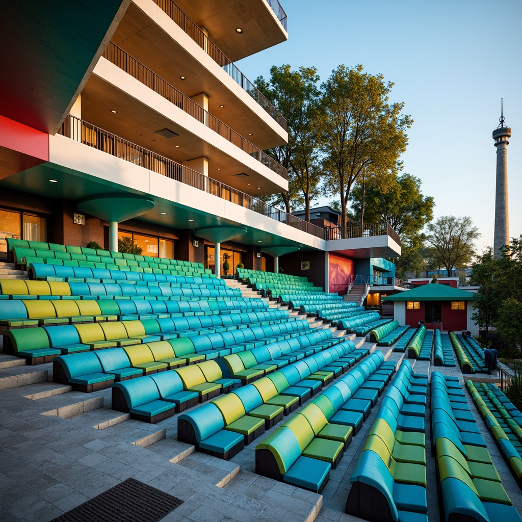 Prompt: Vibrant postmodern amphitheater, bold colorful seating, gradient blue and green stripes, futuristic metallic accents, neon-lit staircases, abstract geometric patterns, eclectic architectural details, warm sunny day, soft focus, shallow depth of field, 1/2 composition, cinematic lighting, high-contrast textures, ambient occlusion, retro-futuristic vibes.Let me know if you'd like me to generate another one!