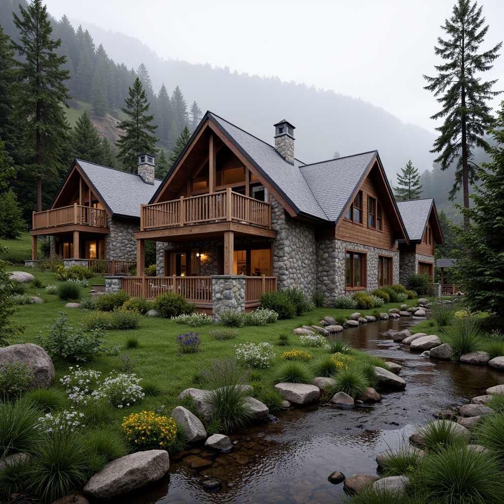 Prompt: Rustic mountain lodge, eclectic exterior, natural stone fa\u00e7ade, wooden accents, steeply pitched roofs, asymmetrical composition, lush greenery, towering trees, winding paths, meandering streams, wildflower meadows, rustic metal railings, reclaimed wood decks, earthy color palette, soft warm lighting, misty morning atmosphere, shallow depth of field, 2/3 composition, panoramic view, realistic textures, ambient occlusion.