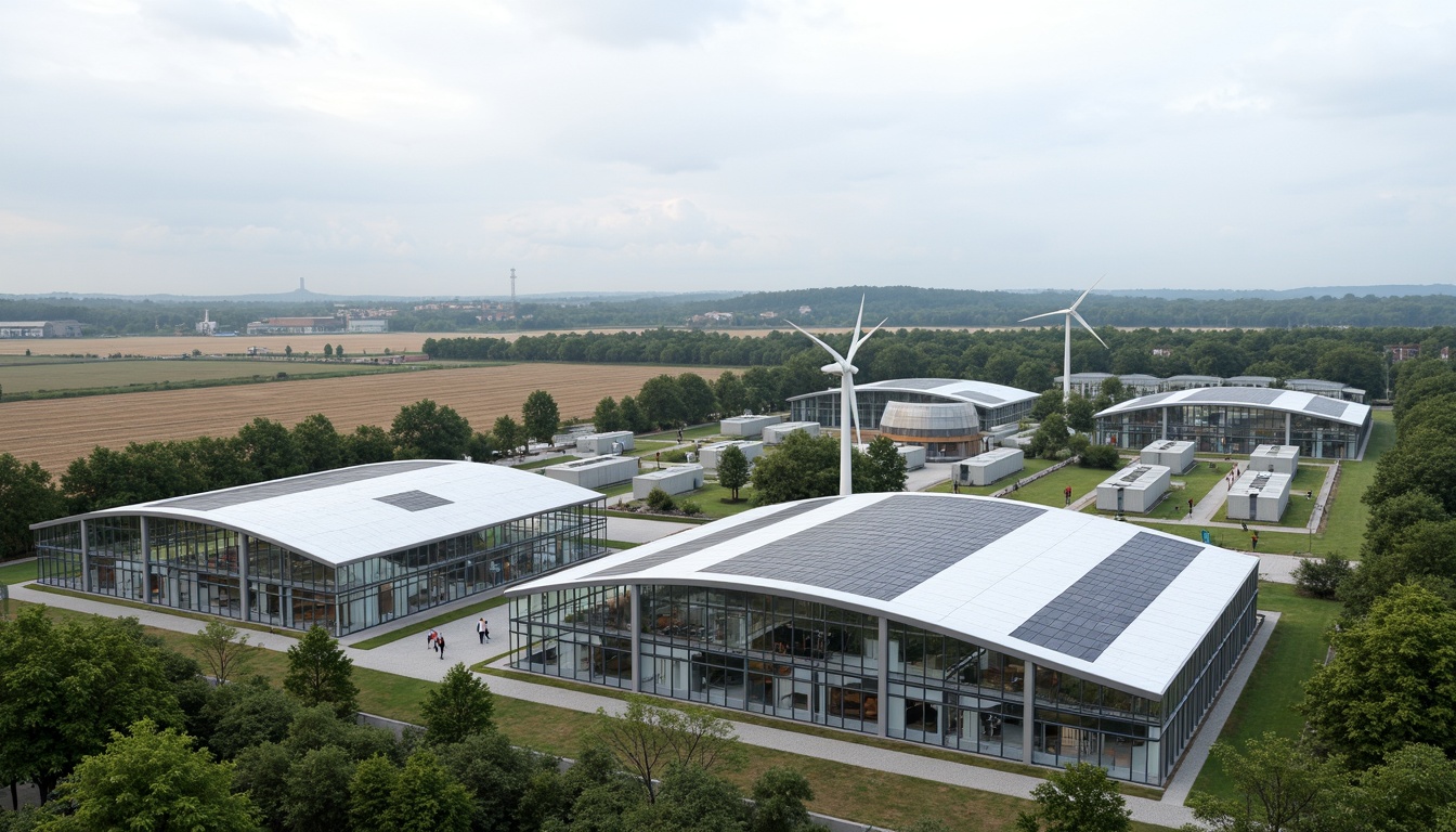 Prompt: Renewable energy plant, industrial landscape, vast open spaces, modern sustainable architecture, curved metal roofs, transparent glass facades, solar panels, wind turbines, hydroelectric power systems, green roofs, living walls, rainwater harvesting systems, grey water reuse, energy-efficient lighting, natural ventilation, recycled materials, low-carbon footprint, eco-friendly infrastructure, futuristic design elements, angular lines, minimalist aesthetics, overcast sky, soft diffused lighting, shallow depth of field, 3/4 composition, panoramic view, realistic textures, ambient occlusion.